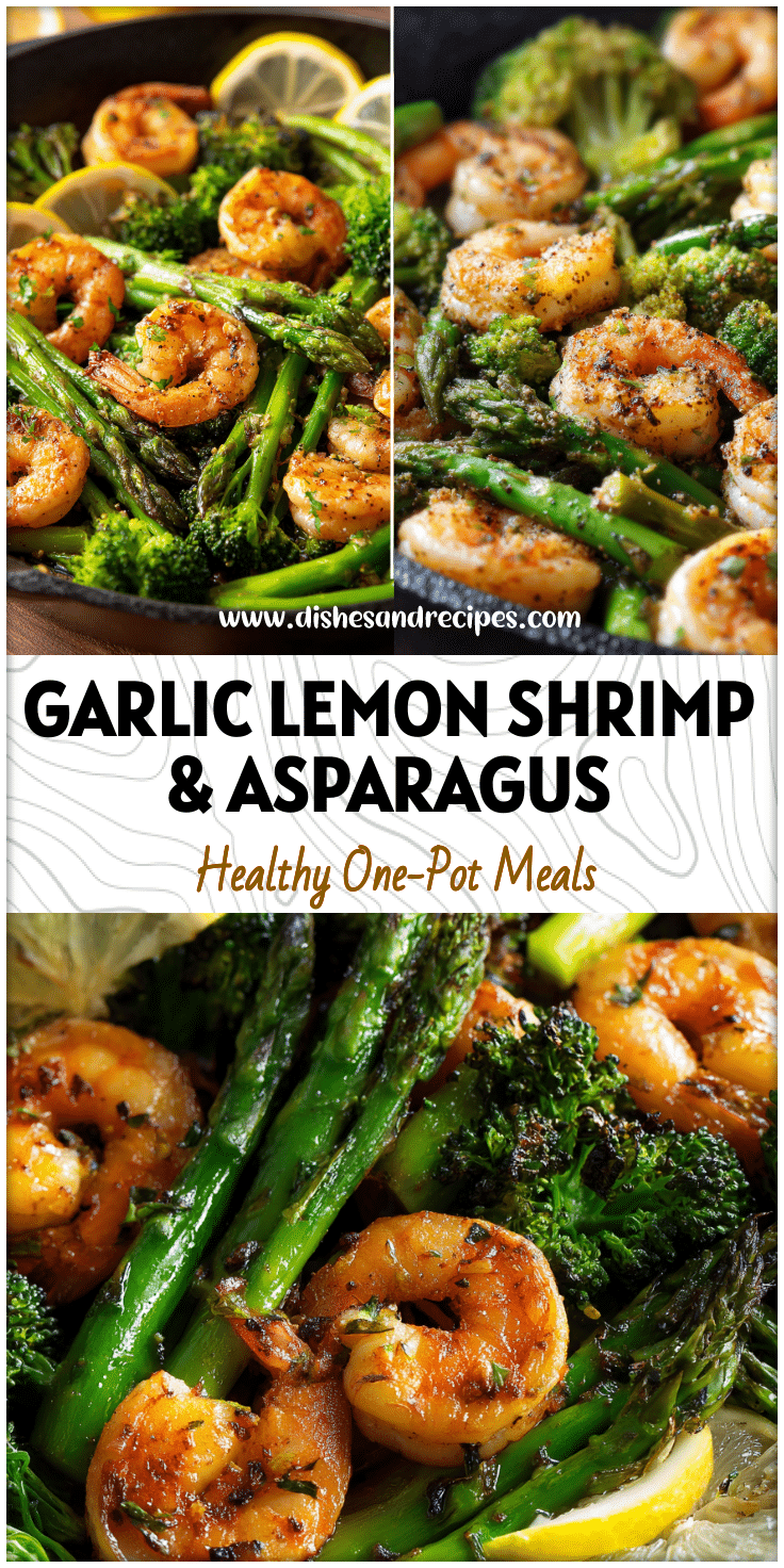 Skillet with garlic lemon shrimp, broccoli, and asparagus for a vibrant Keto Dinner Shrimp and Healthy Dinners Recipes look